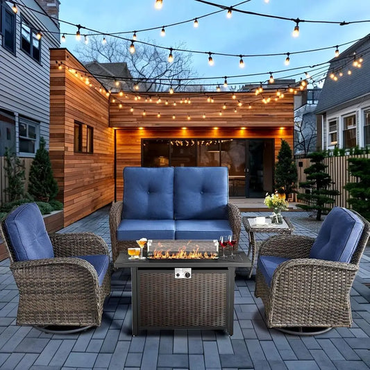 Outdoor Five Piece Wicker Furniture Set With Fire Pit Chairs