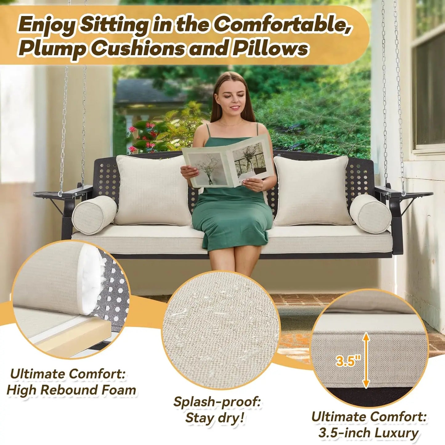 Three Seat Outdoor Porch Swing With Cup Holders And Cushions