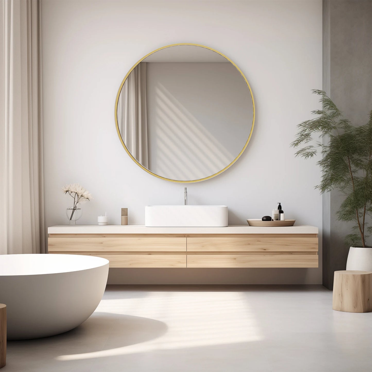 JHK 30 Inch Large Gold Round Vanity Framed Mirror for Wall Matte Metal Framed Modern Mirror Tempered Glass Bedroom Living Room