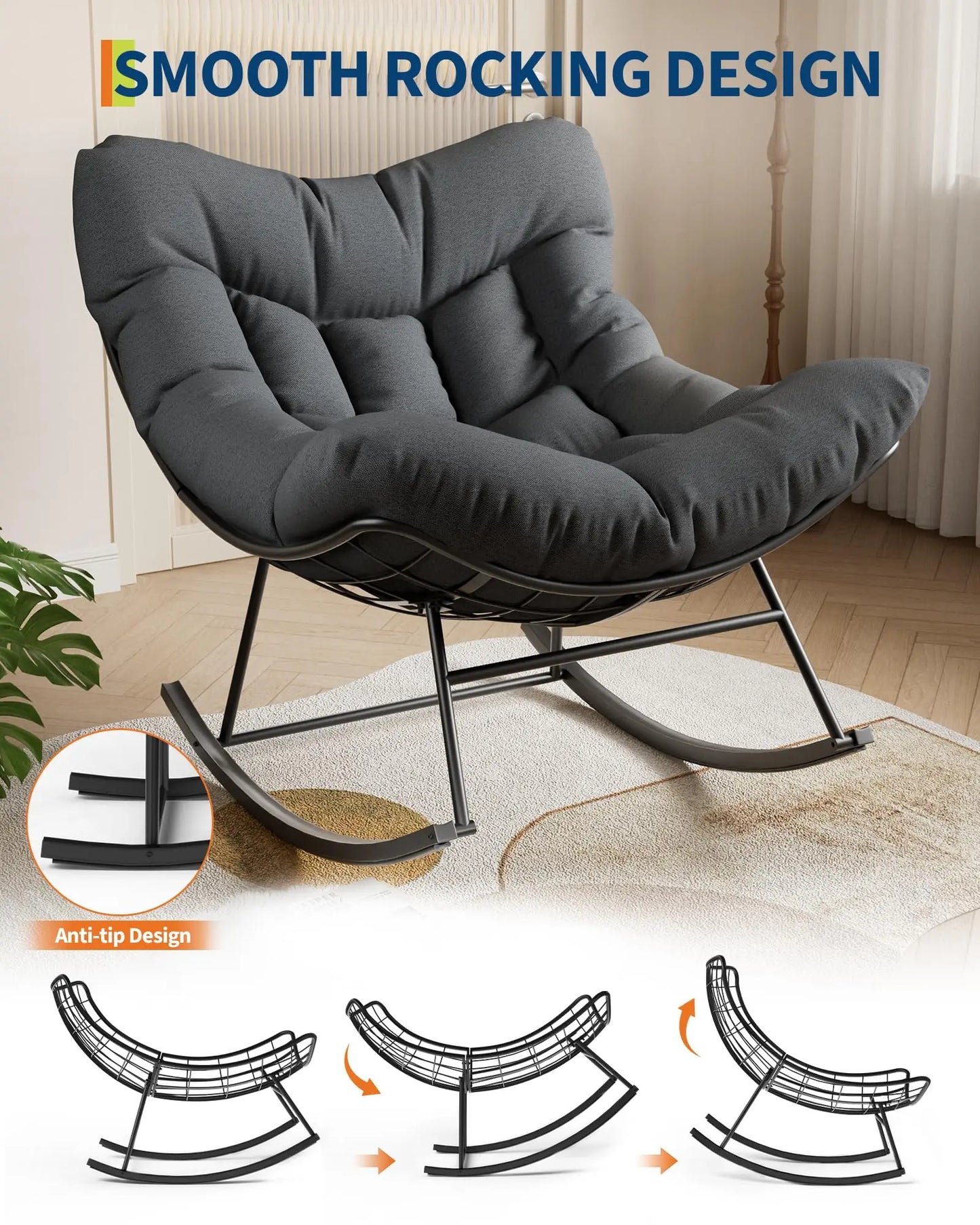 HiMISS Outdoor Papasan Rocking Chair With Ottoman And Weatherproof Cushion