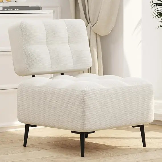 Mid-Century Modern Linen Chair With Thick Cushions And Metal Legs