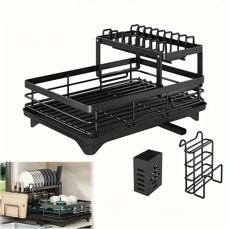 AEHOME Double Tier Extendable Dish Drainer Stainless Steel Kitchen Organizer