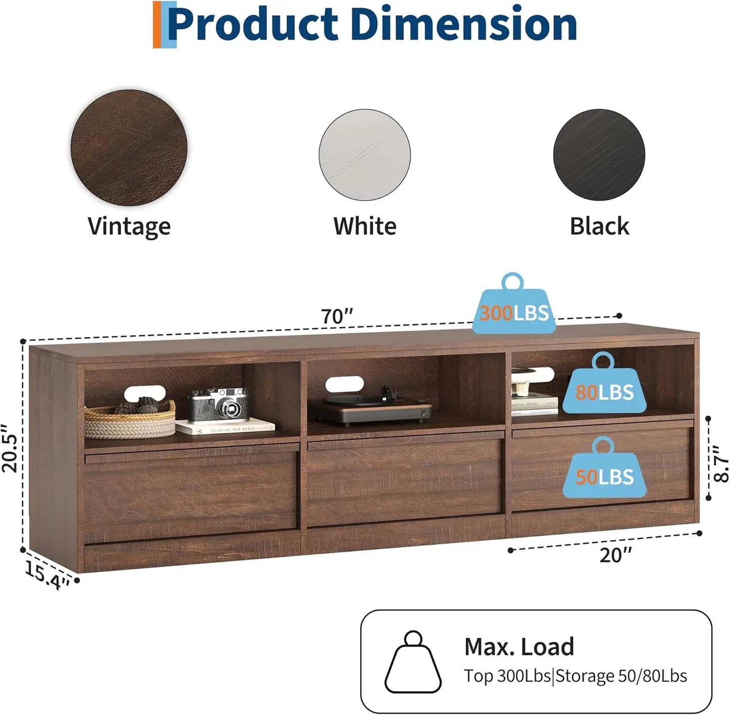 HiMISS Modern TV Stand With Storage 3 Drawers Open Shelves