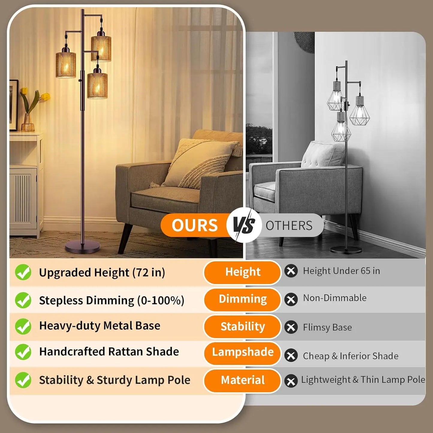 Rattan Boho Floor Lamp Dimmable Shades For Living Room