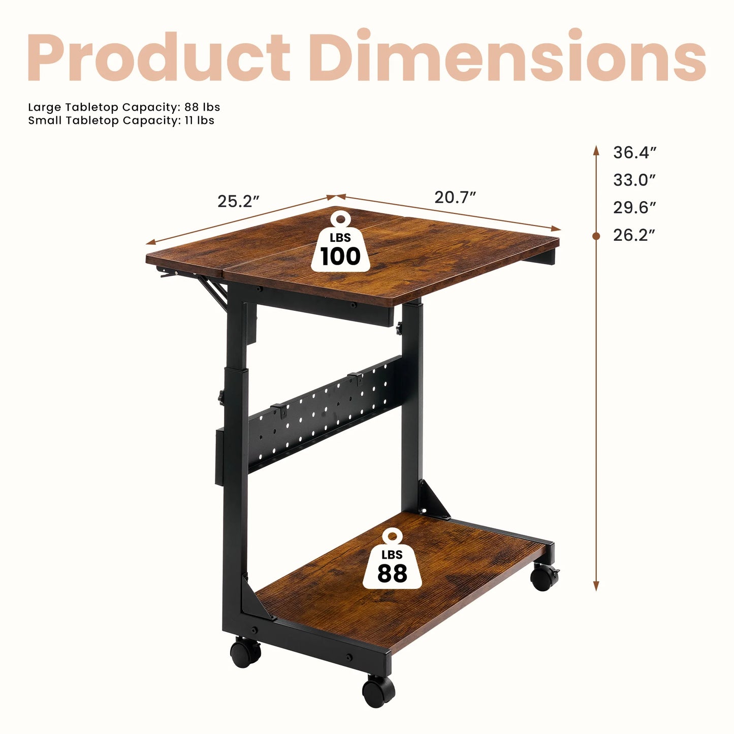 JHK 2-Tier Mobile Standing Sofa Desk 25IN Height Adjustable PC Stand with Folding Panel Rolling Computer Cart Desk For Home