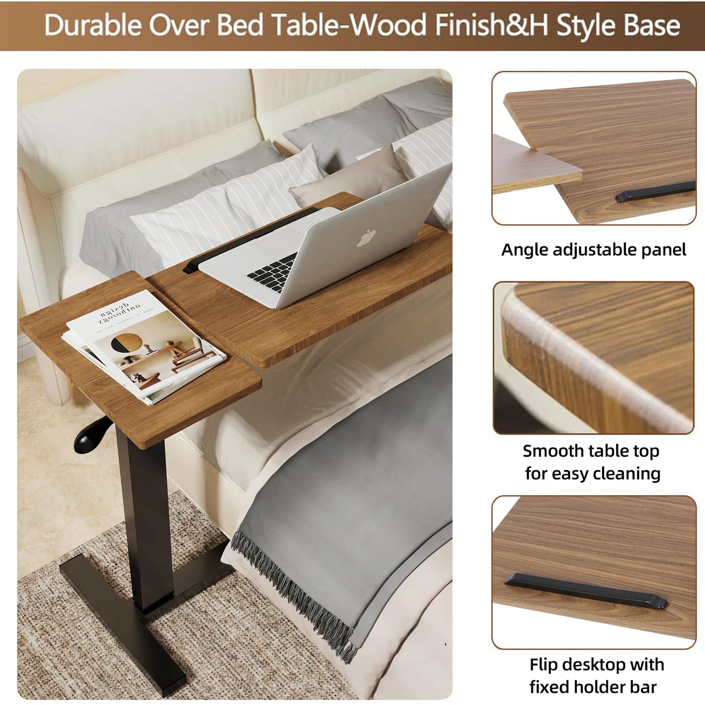 Wisfor Height Adjustable Overbed Table Bedside Desk Laptop With Hidden Wheels