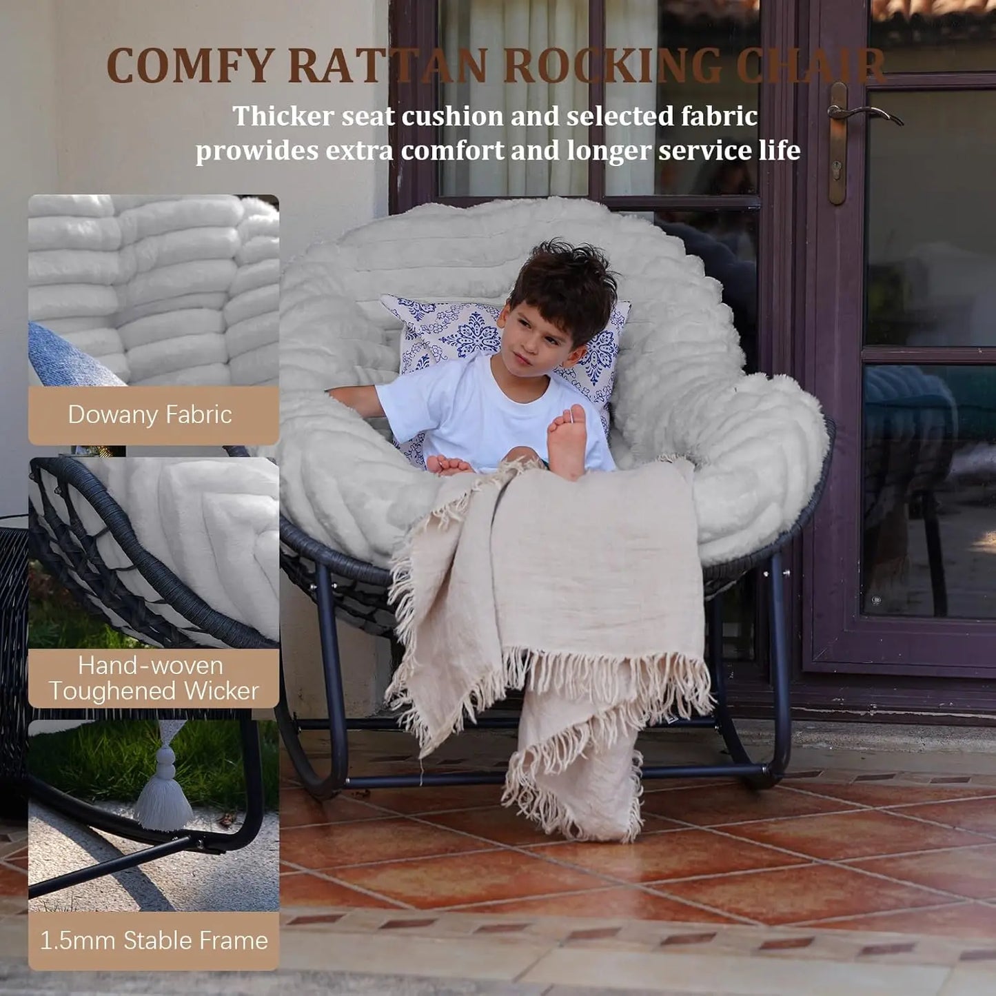 Outdoor Rocking Chair With Padded Cushion And Wicker Frame