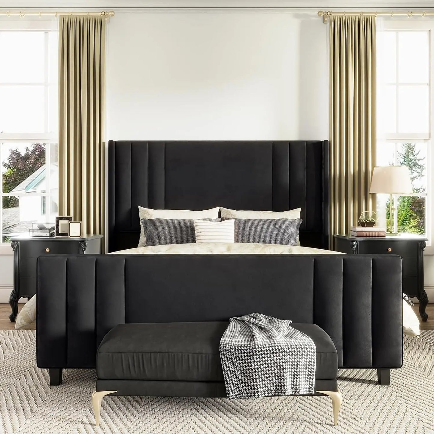 Velvet Upholstered Platform Bed Frame With Tufted Headboard