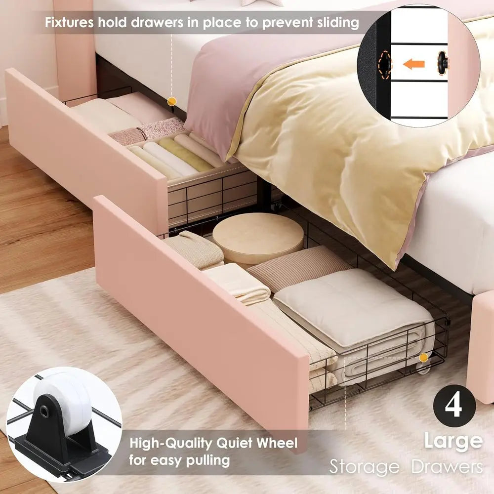 Wingback LED Bed With Charging Station And 4 Storage Drawers