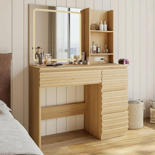 Frame Fluted Vanity Desk With HD Mirror And Lights