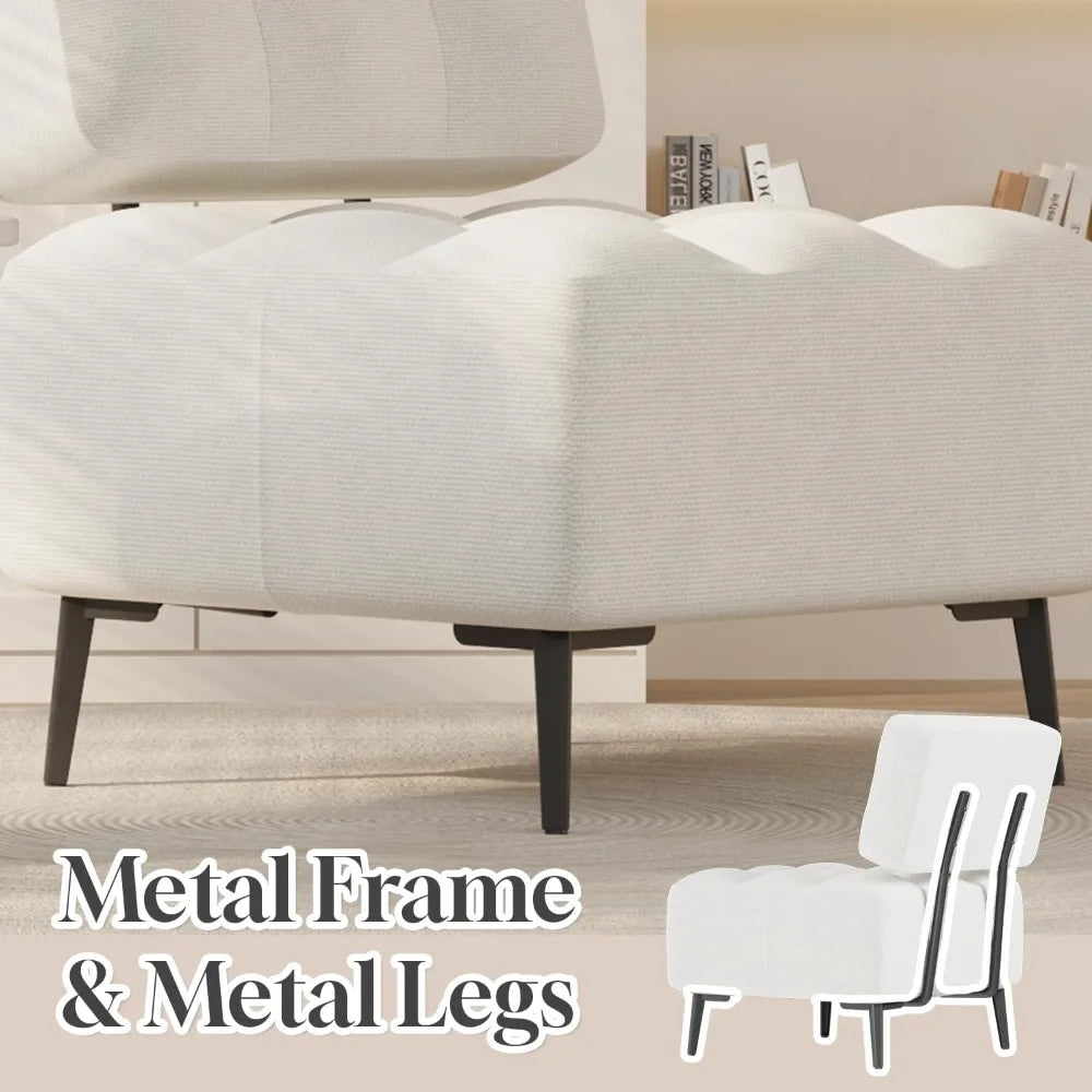 Mid-Century Modern Linen Chair With Thick Cushions And Metal Legs