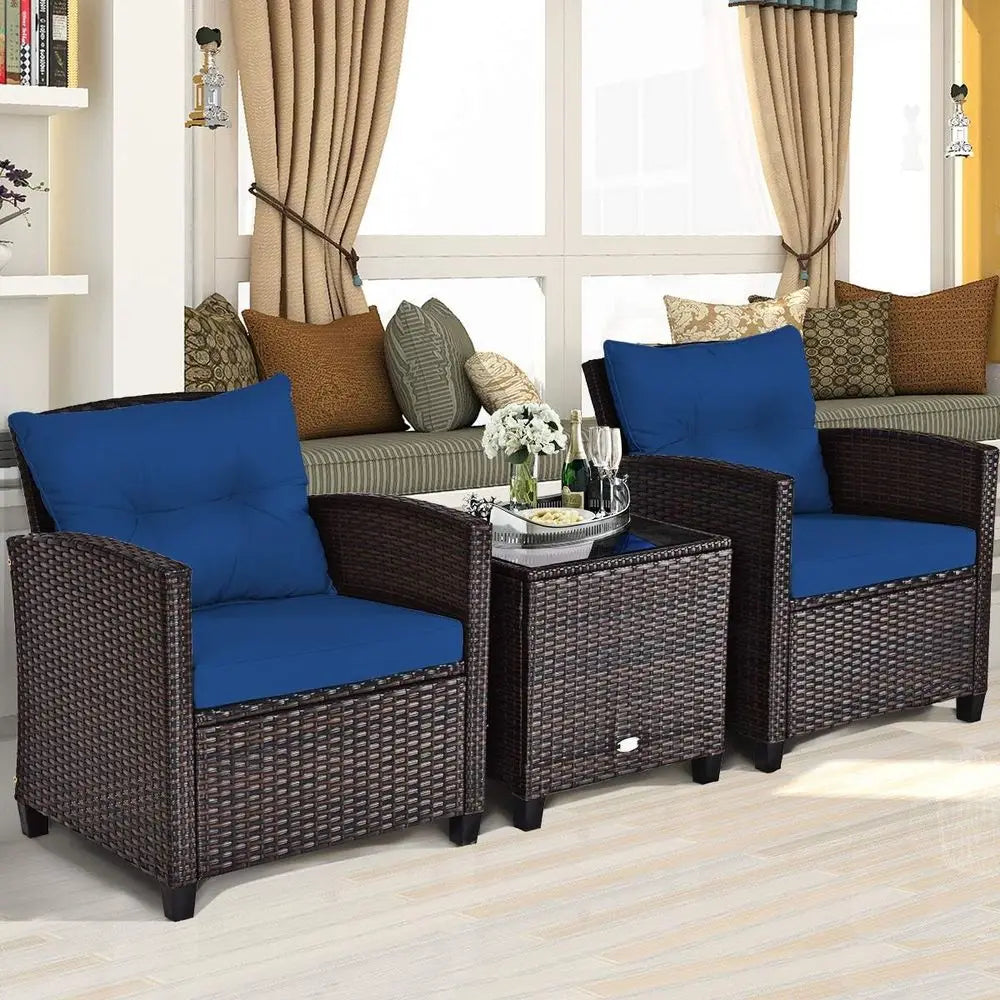 Three-Piece Outdoor Furniture Set With Washable Cushions And Glass Top
