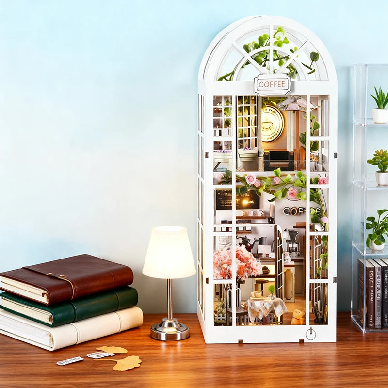 ASLOWSNAIL 3D Wooden Book Nook Kit Coffee Shop Dollhouse