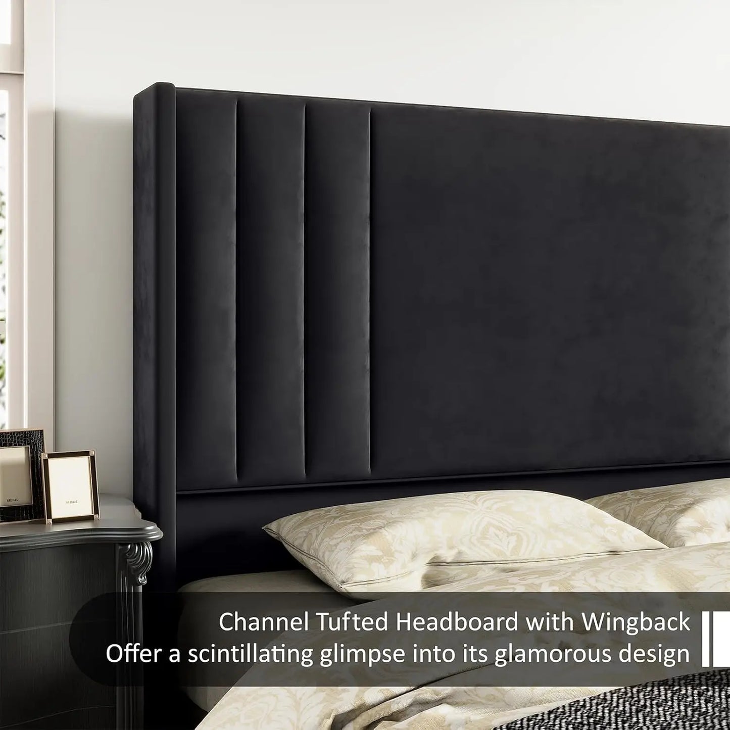Velvet Upholstered Platform Bed Frame With Tufted Headboard