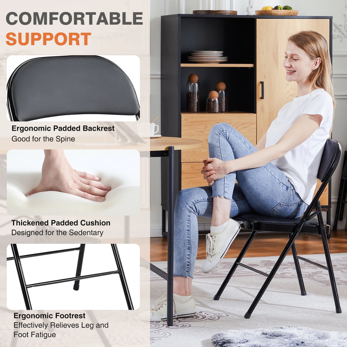 JHK Leather Padded Folding Chairs 4 Pack Metal Living Room