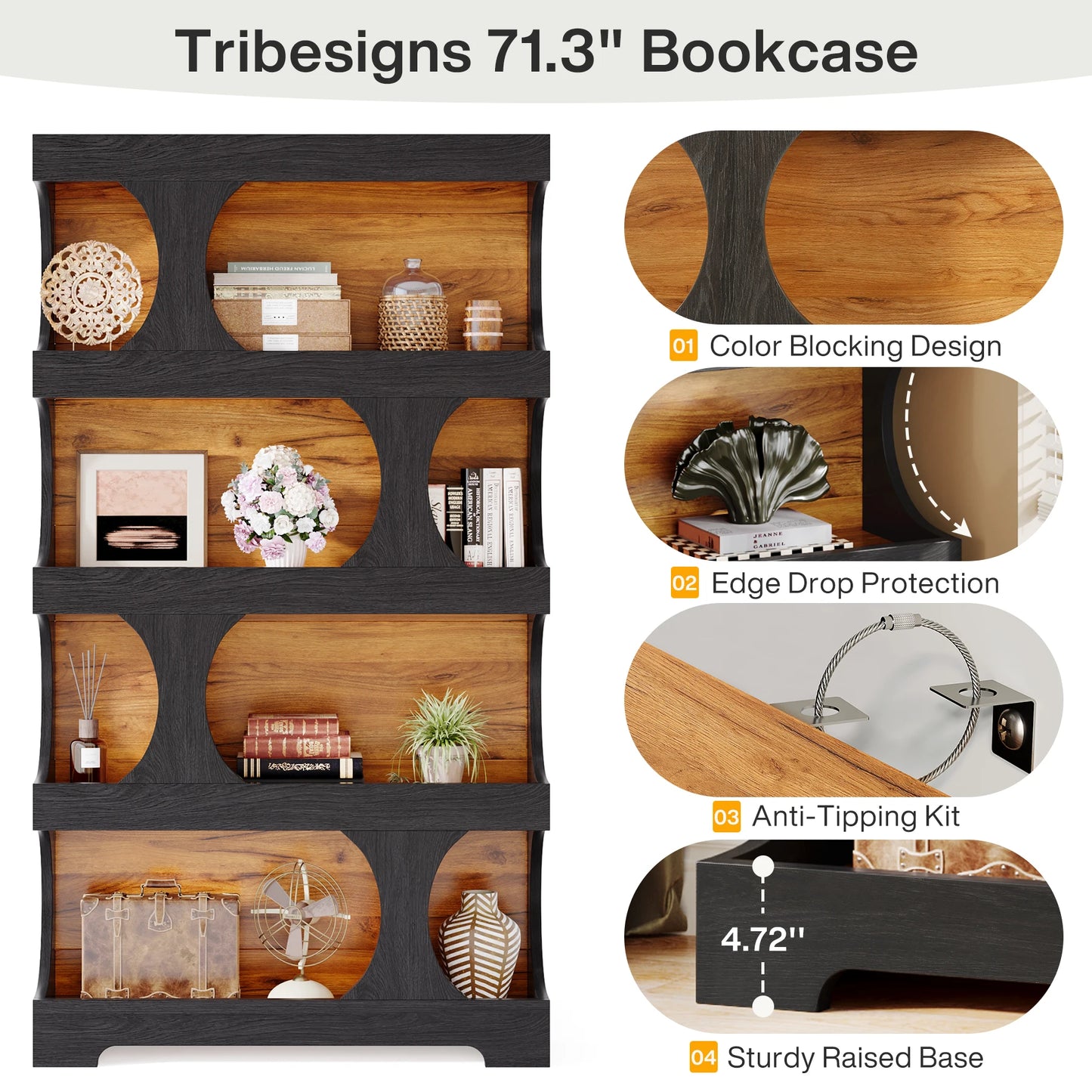 Tribesigns 4-Tier S-Shaped Bookcase Wood Shelving Unit