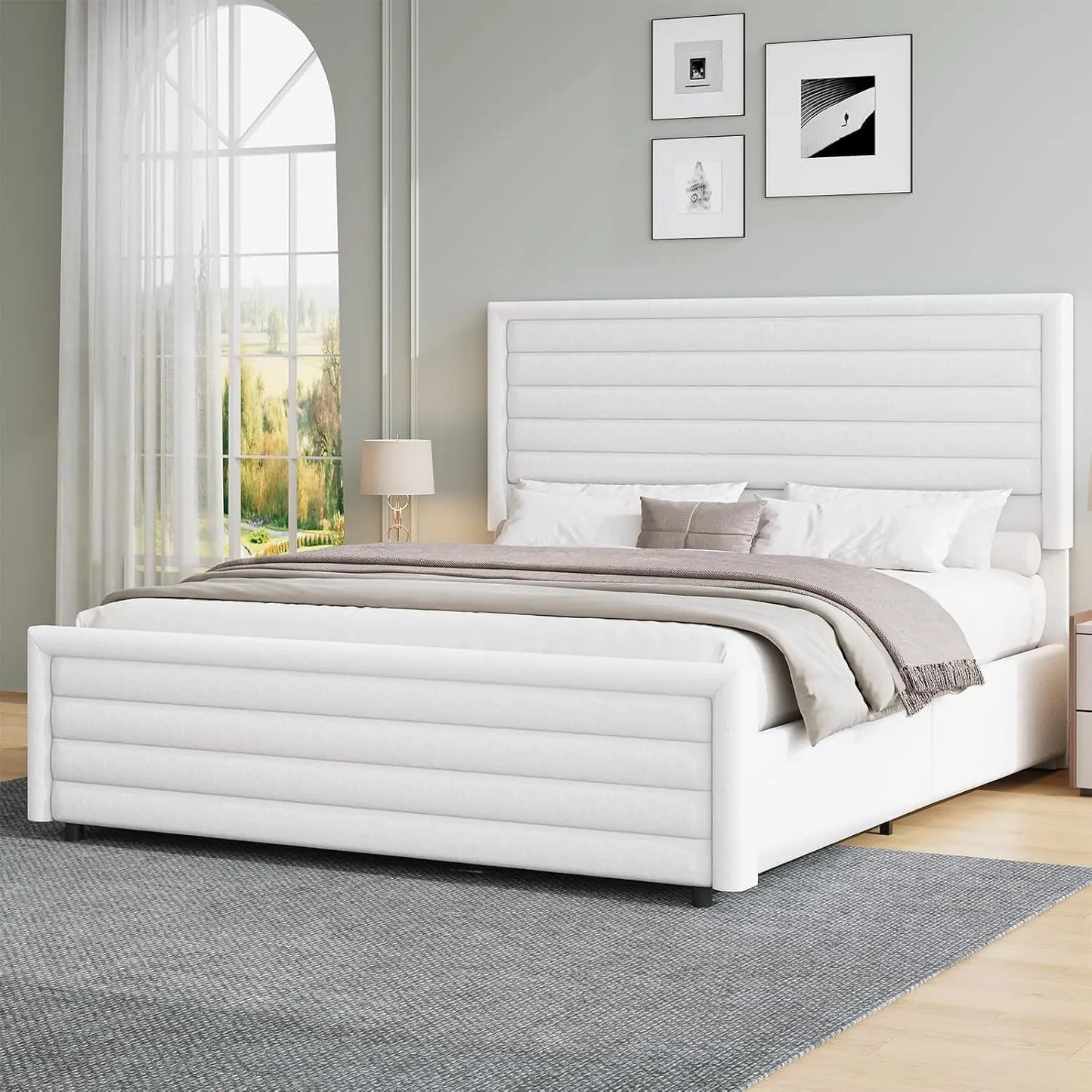 Upholstered Platform Bed Frame With Velvet Headboard And Footboard