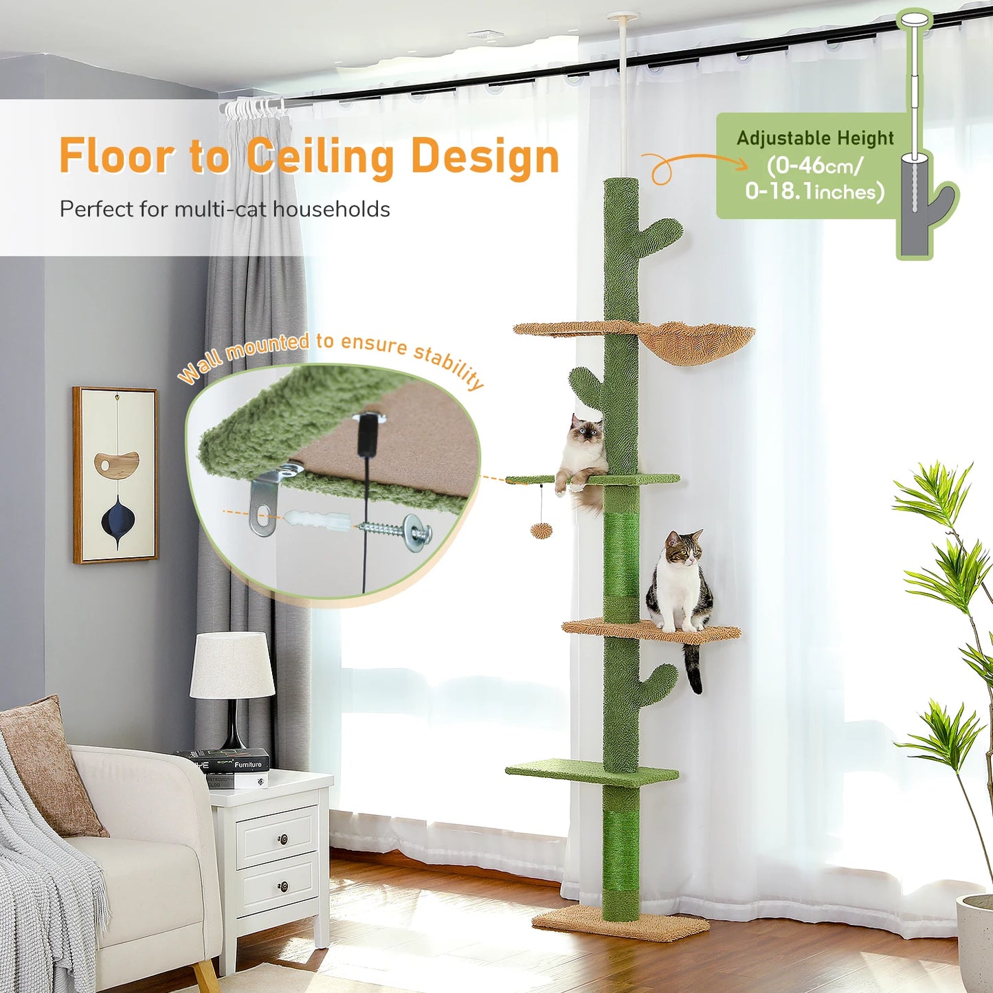 PAWZ Road Cat Tree 5-Tier Floor To Ceiling Climbing Tower