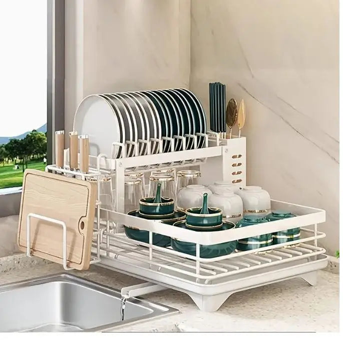 AEHOME Double Tier Extendable Dish Drainer Stainless Steel Kitchen Organizer