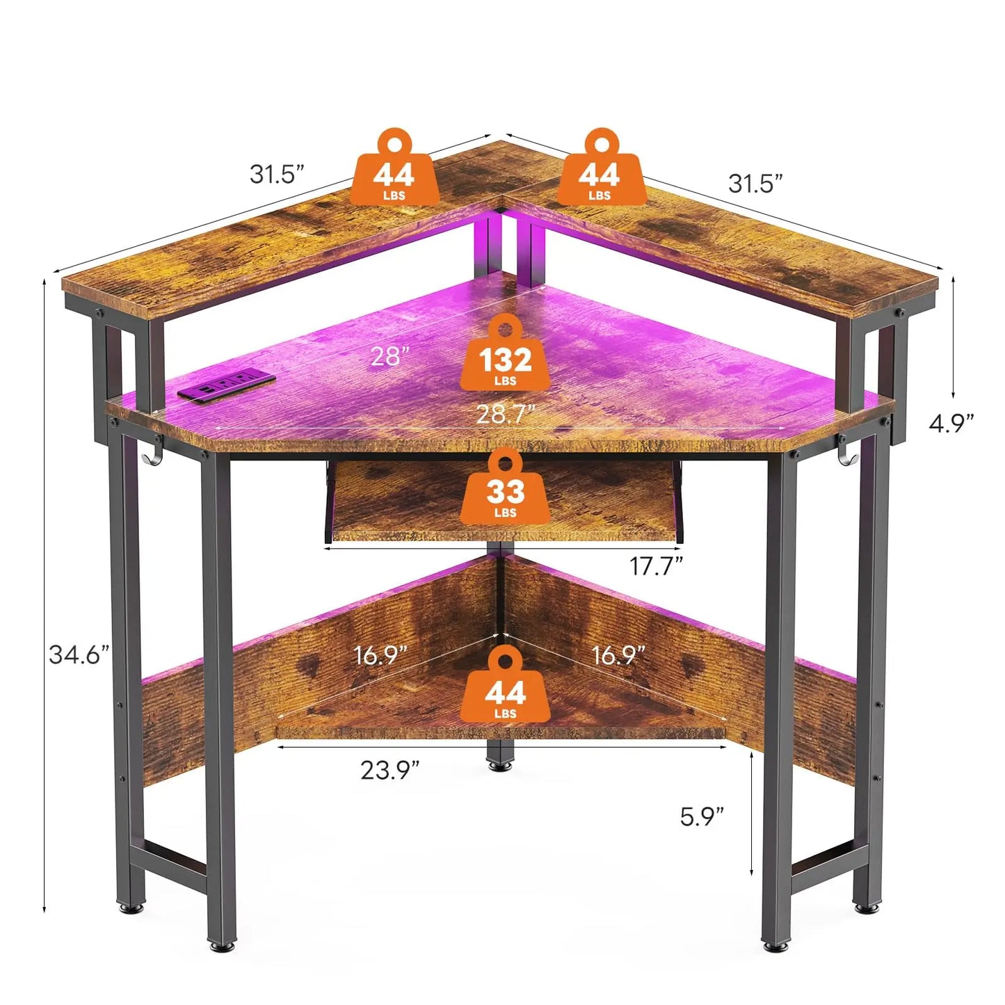 JHK Corner Desk With LED Lights Power Outlets Storage Shelves