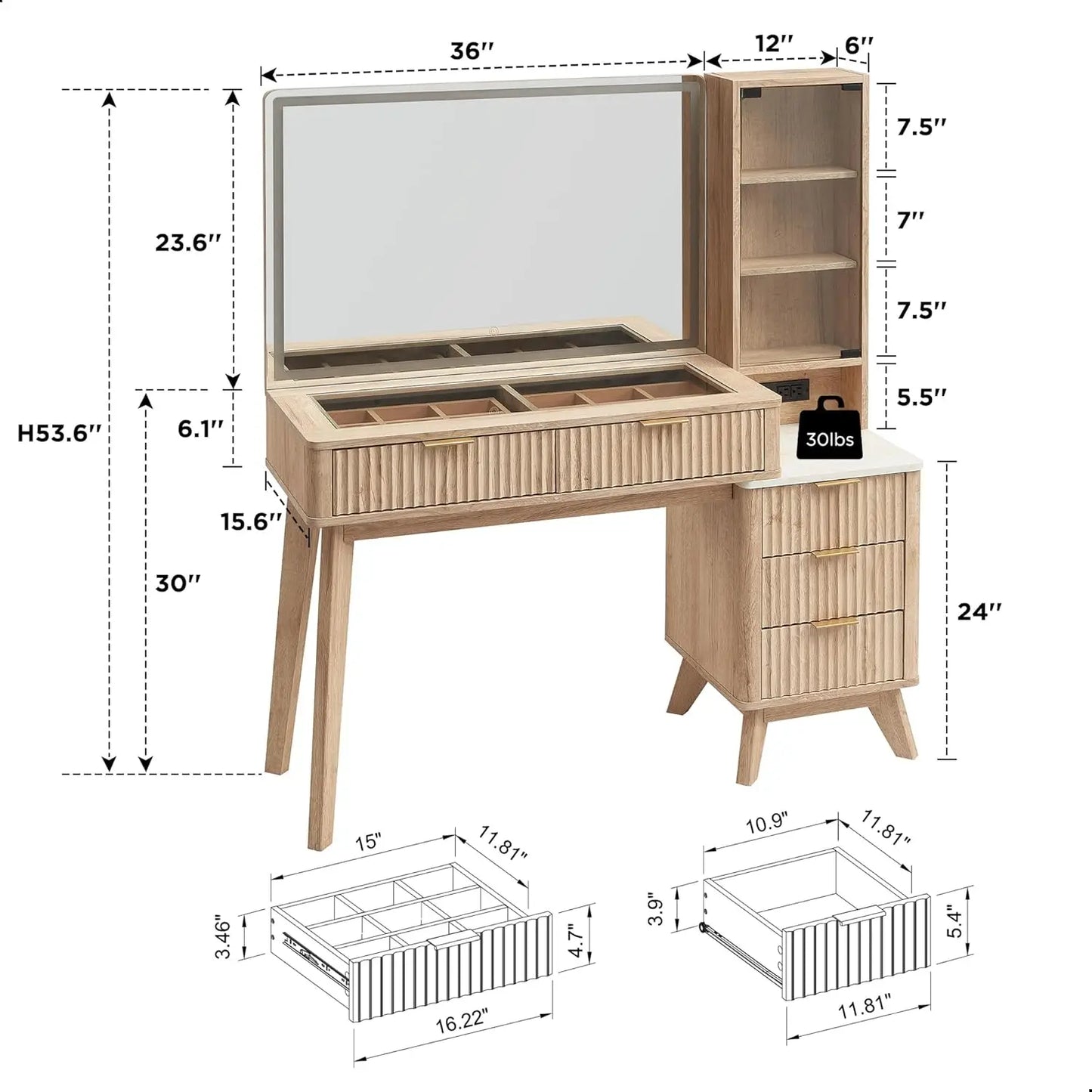 Fluted Makeup Vanity Desk With Glass Top Mirror Lights