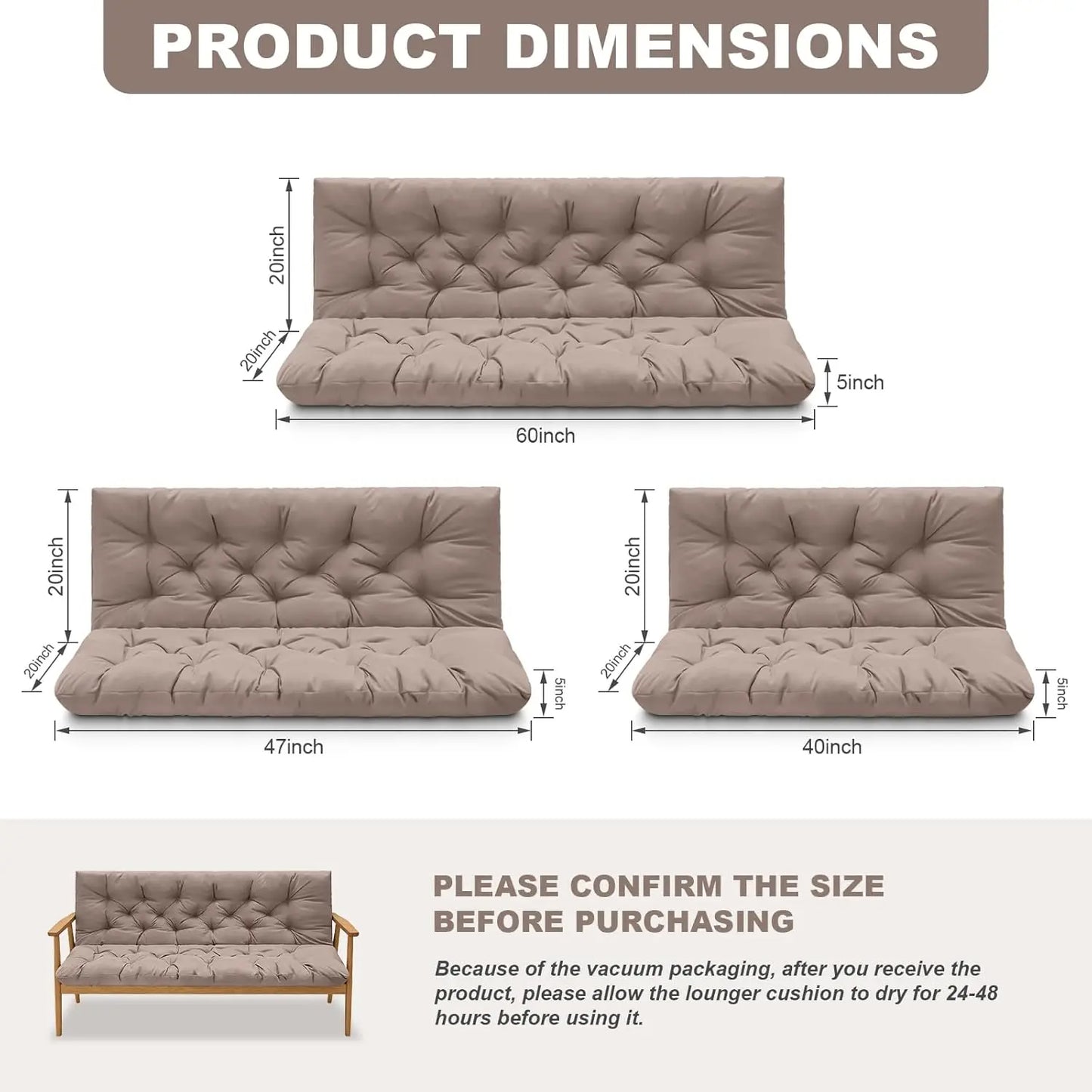 Waterproof Outdoor Swing Cushions With Backrest And Ties For Three