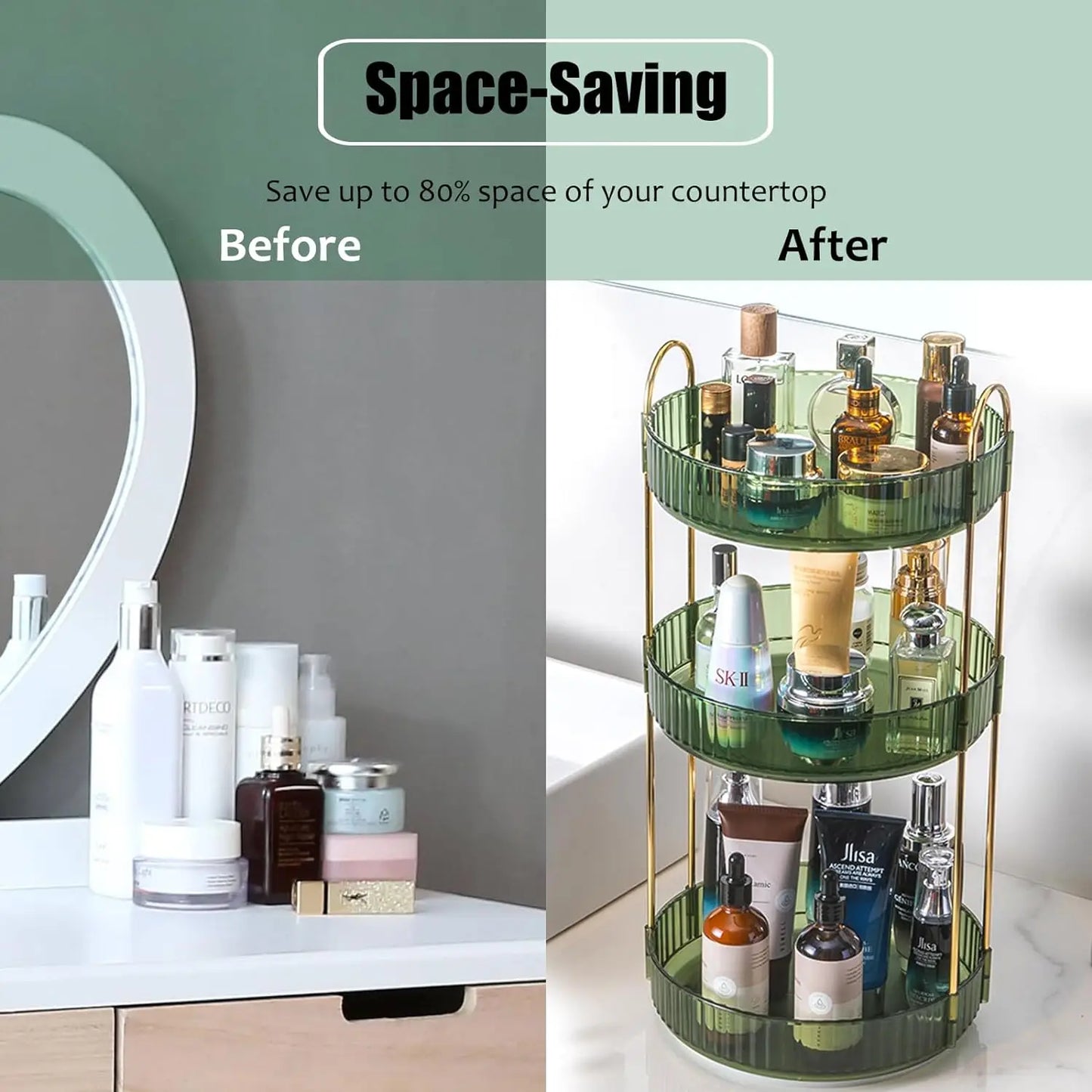 Rotating Makeup Organizer Three Tier Vanity Storage Clear Cosmetic Organizer