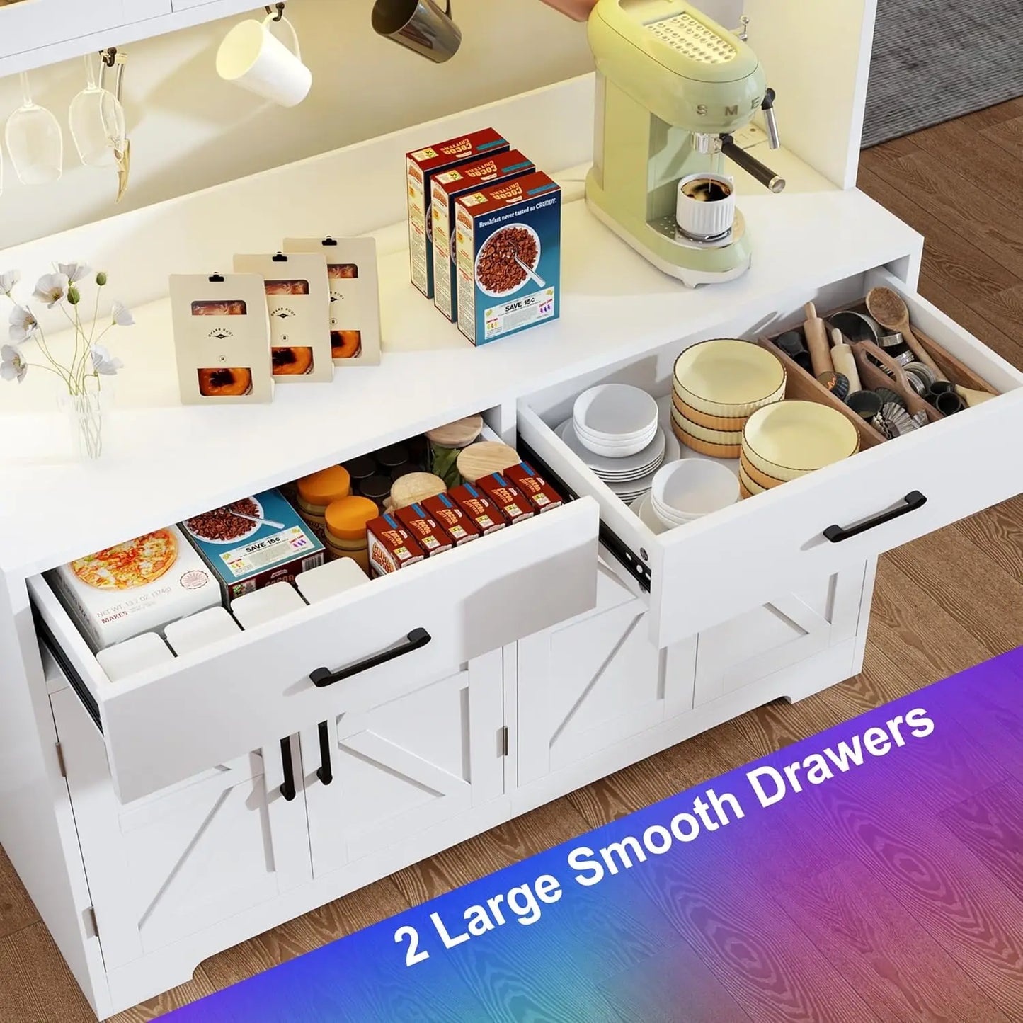 MOYU Kitchen Hutch With LED Lights And Power Outlet Cabinet