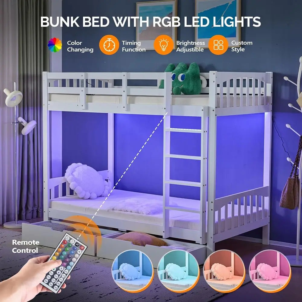 Bunk Bed With Storage Drawers RGB LED And Charging Station