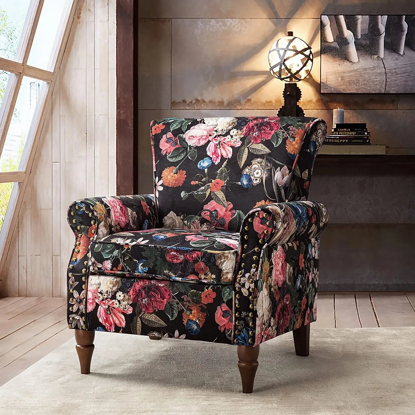 Wingback Accent Chair With Wood Legs And Nailhead Trim