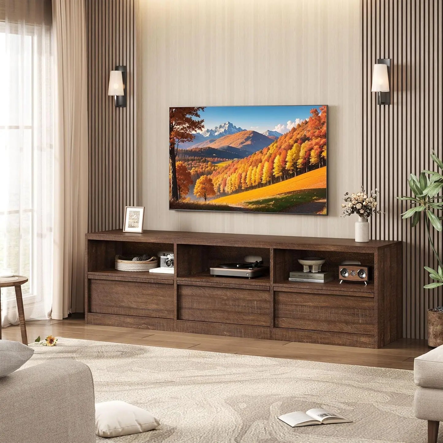 HiMISS Modern TV Stand With Storage 3 Drawers Open Shelves