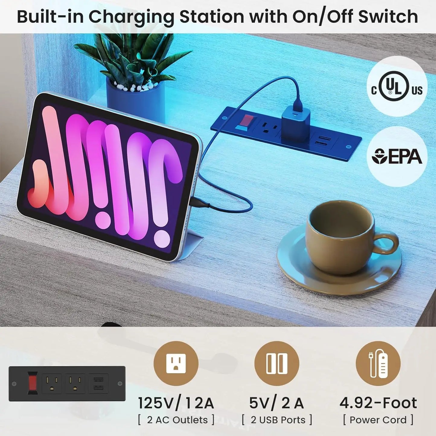 GUANGBAI Nightstand Set of 2 with Charging Station LED Lights