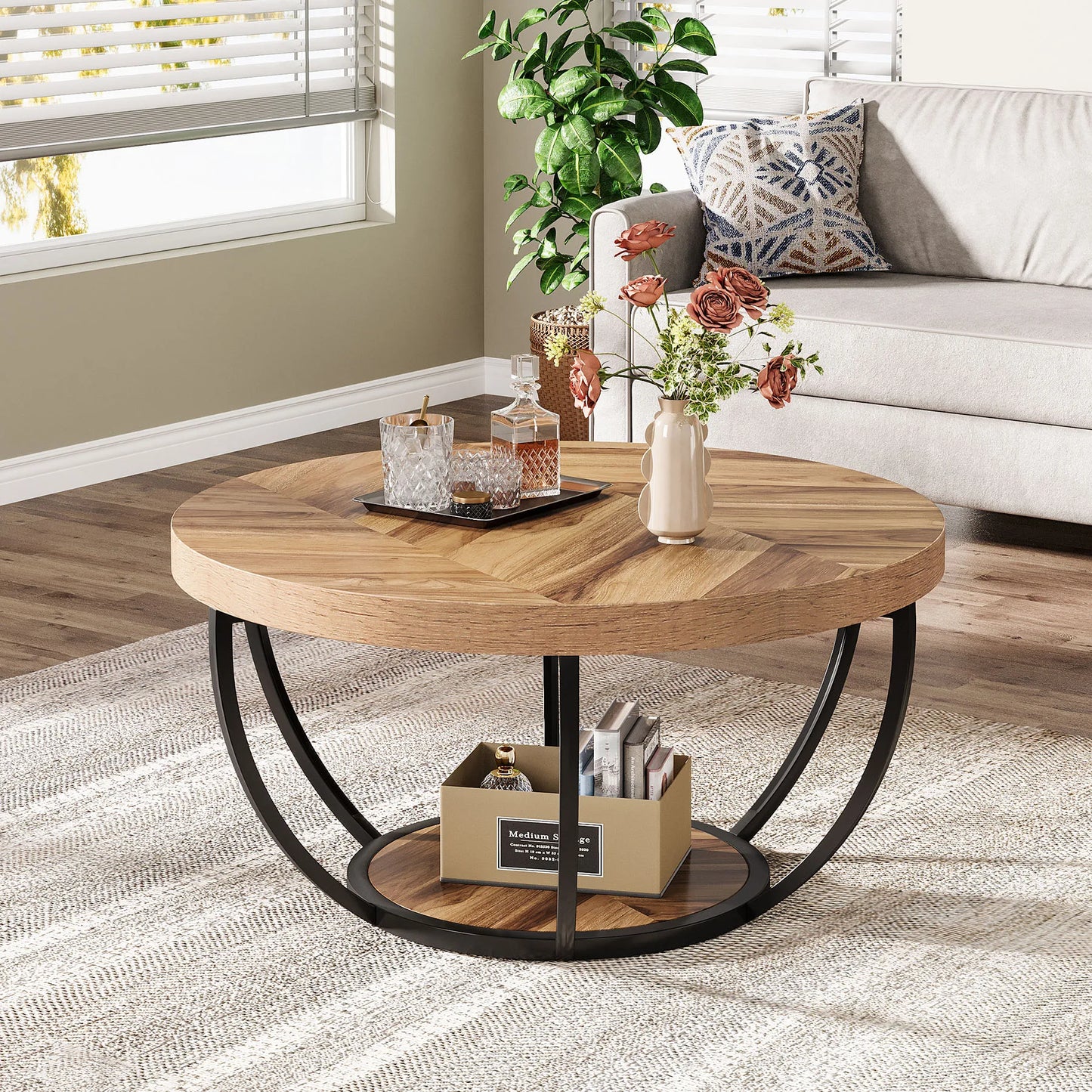 Tribesigns Industrial 2-Tier Coffee Table With Storage Shelves Wooden