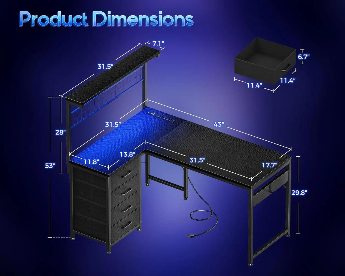 NONEDesk L Shaped Gaming Desk With Shelf Hutch 4 Drawers