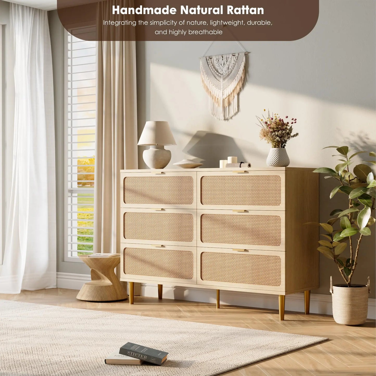 HiMISS 6 Drawer Rattan Dresser Handwoven Wood Storage Cabinet