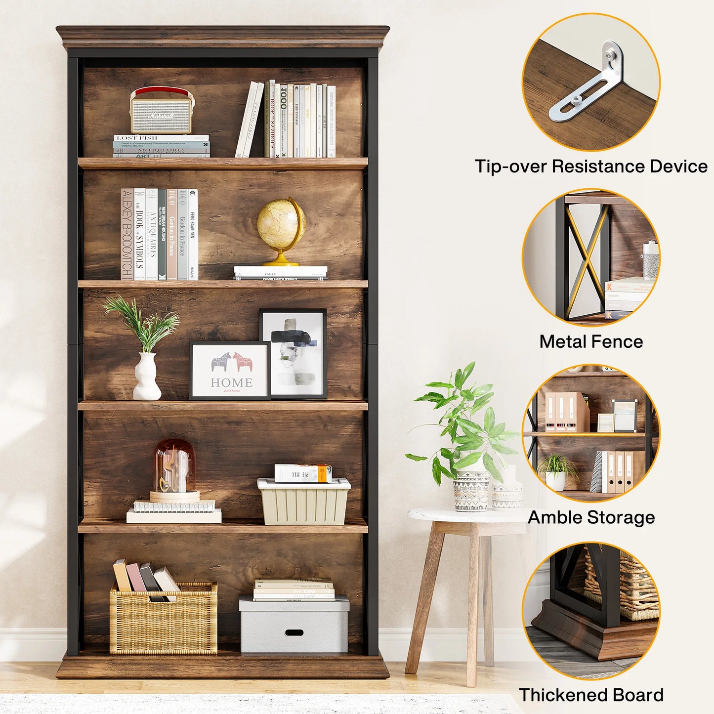 Tribesigns 5 Tier Floor Bookcase Industrial Wood Shelves