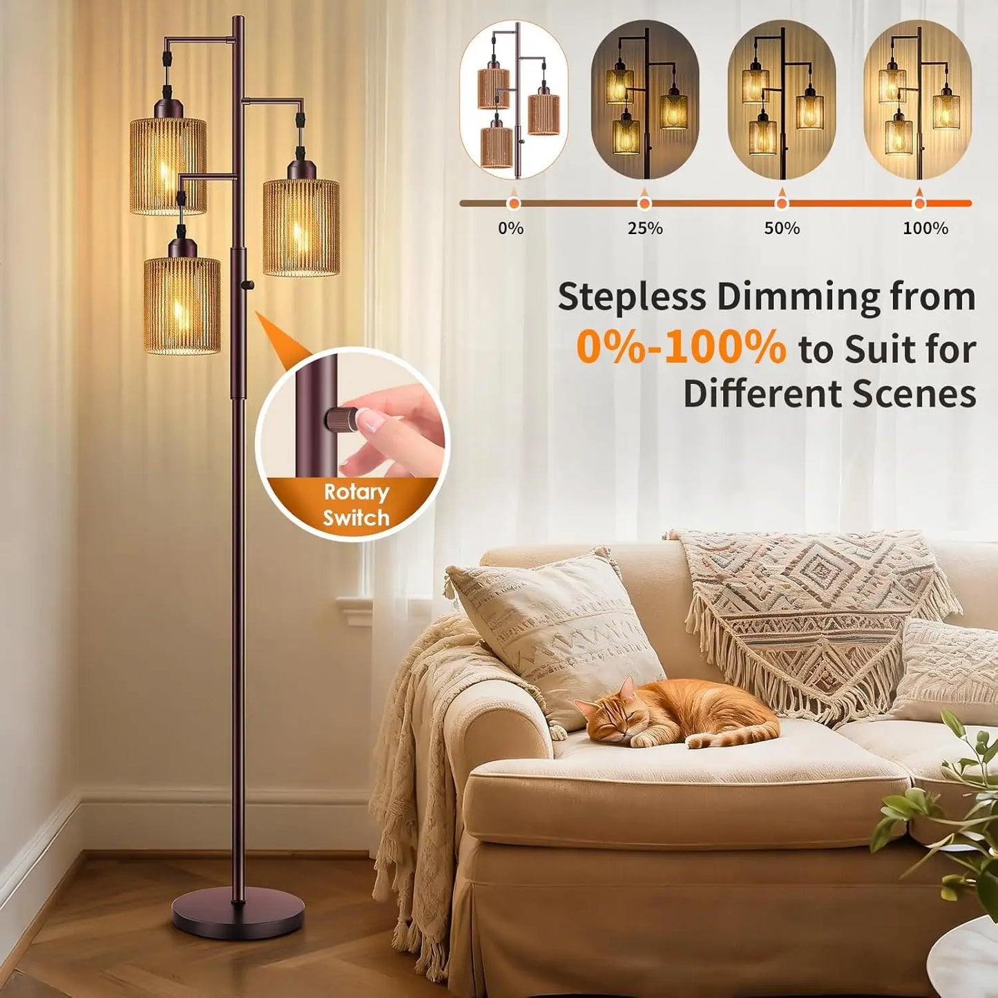 Rattan Boho Floor Lamp Dimmable Shades For Living Room