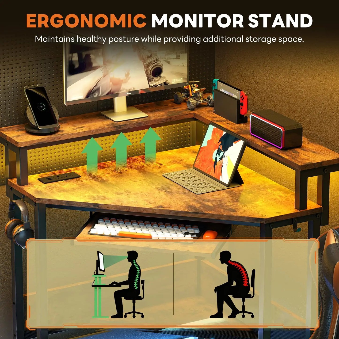 JHK Corner Desk With LED Lights Power Outlets Storage Shelves