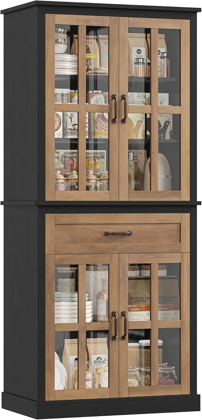 Tall Kitchen Cabinet With Glass Doors And Drawer Storage