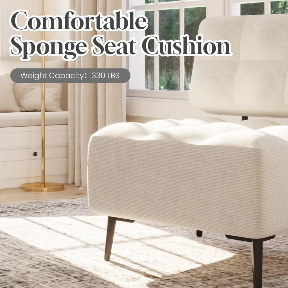 Mid-Century Modern Linen Chair With Thick Cushions And Metal Legs