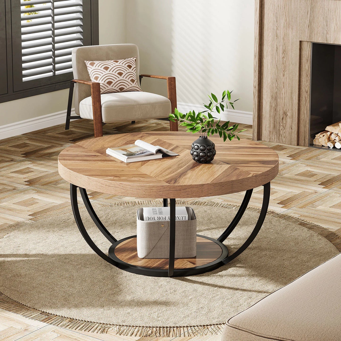 Tribesigns Industrial 2-Tier Coffee Table With Storage Shelves Wooden