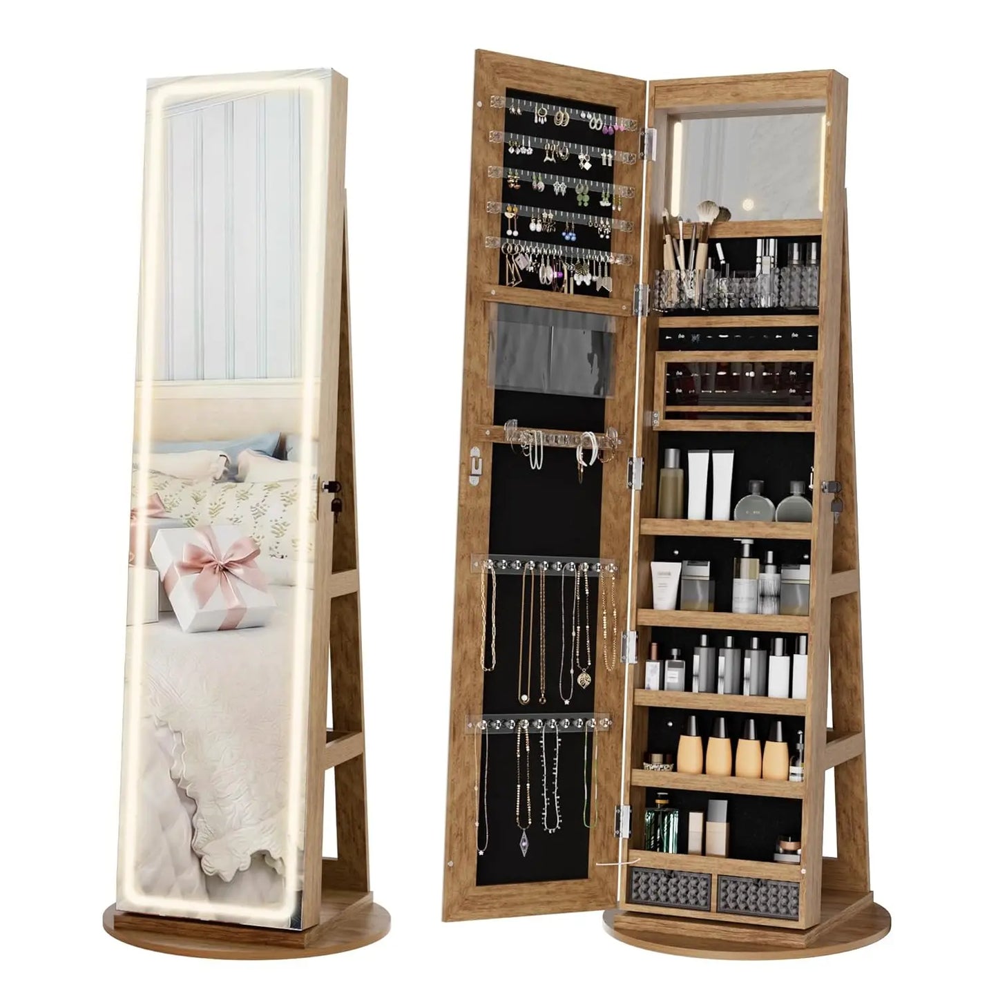 MOYU LED Mirror Jewelry Armoire Swivel Cabinet With Interior Lights