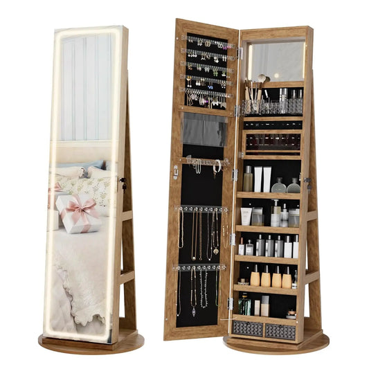 MOYU LED Mirror Jewelry Armoire Swivel Cabinet With Interior Lights