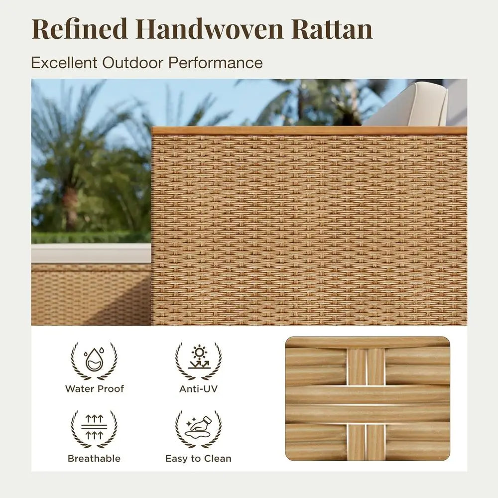 3 Piece Outdoor Patio Furniture Set LShaped Rattan Sofa Acacia Wood Coffee Table