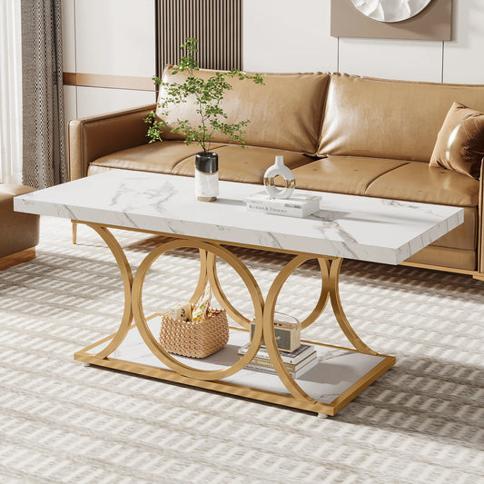 Tribesigns Rectangular Coffee Table Modern Two Tier Faux Marble Wood