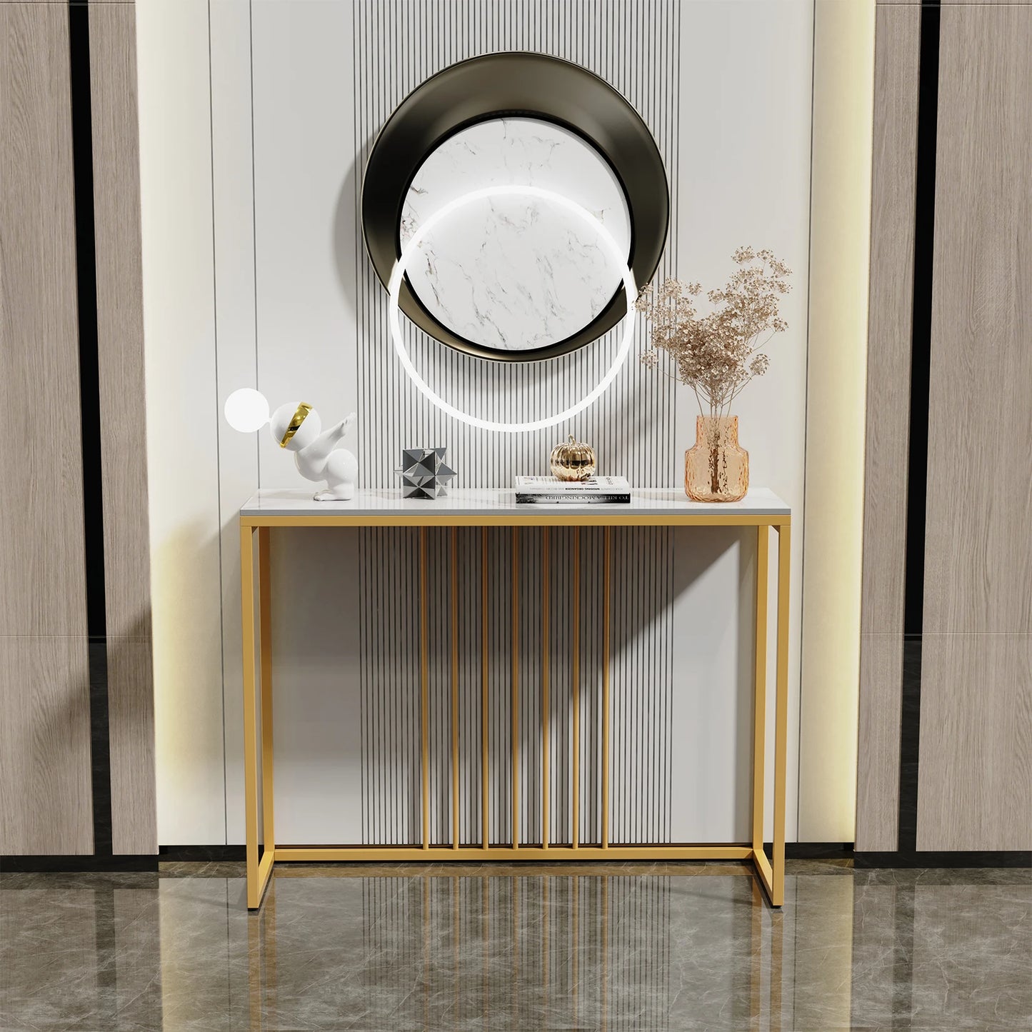 BINGOPAW Modern Marble Console Table With Gold Metal Frame