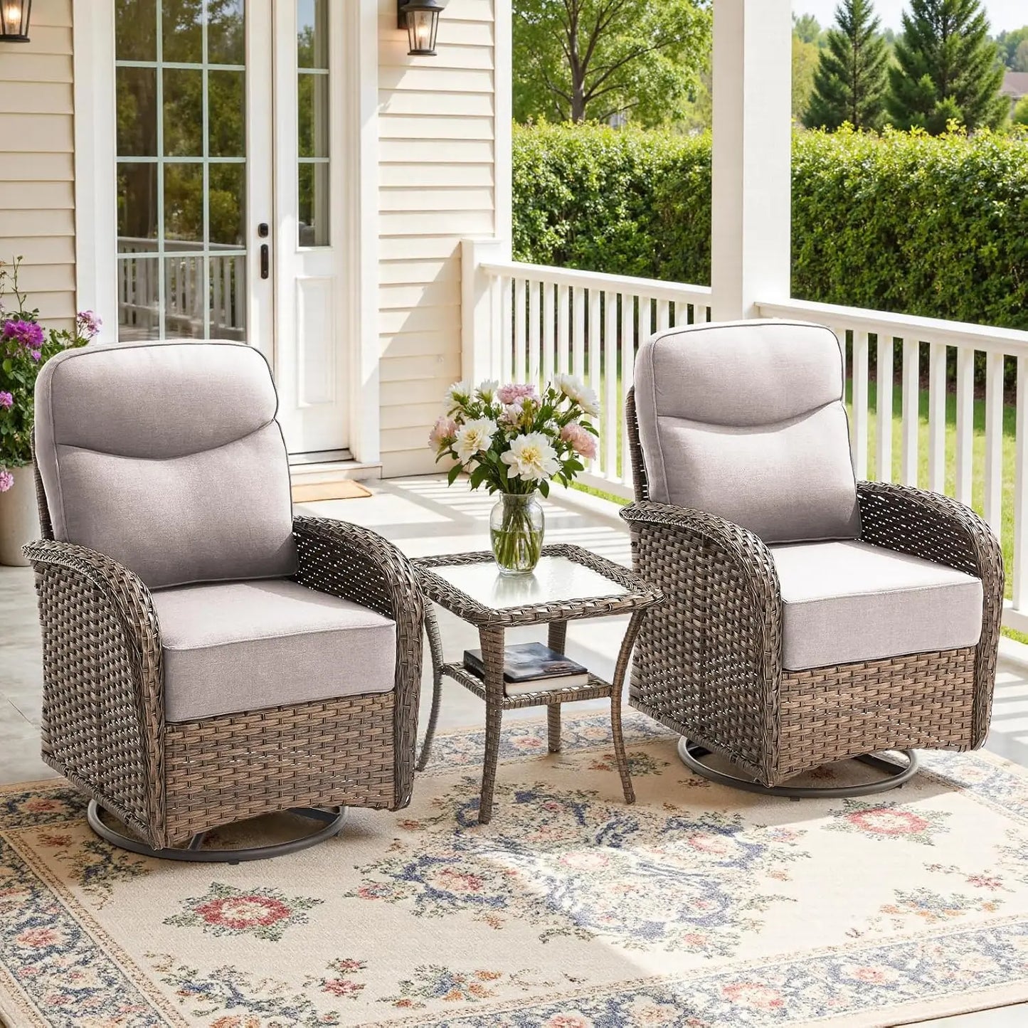 Three Piece Outdoor Patio Set With Cushions Swivel Rockers Table
