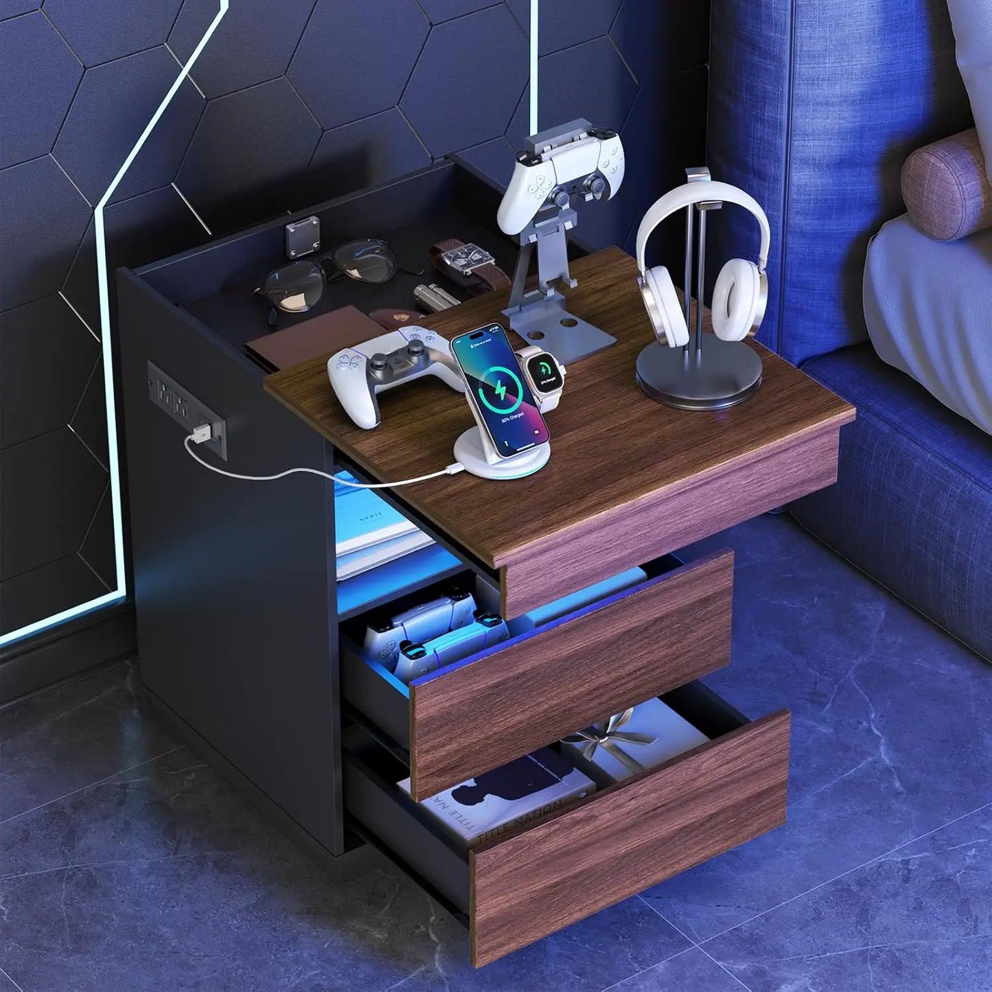 2Pc Nightstand Hidden Compartment USB Type-C Charging Locking Gun Drawer LED Modern Bedroom Office Brown Customized