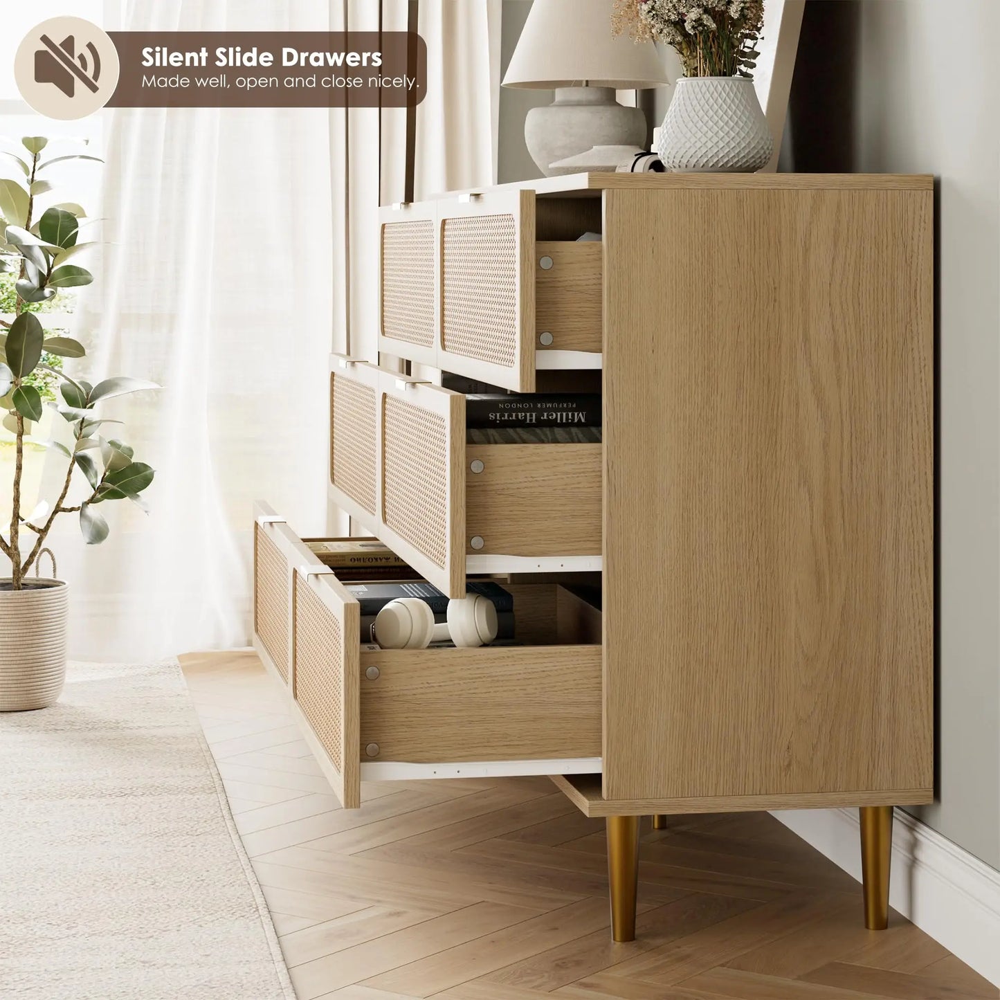 HiMISS 6 Drawer Rattan Dresser Handwoven Wood Storage Cabinet