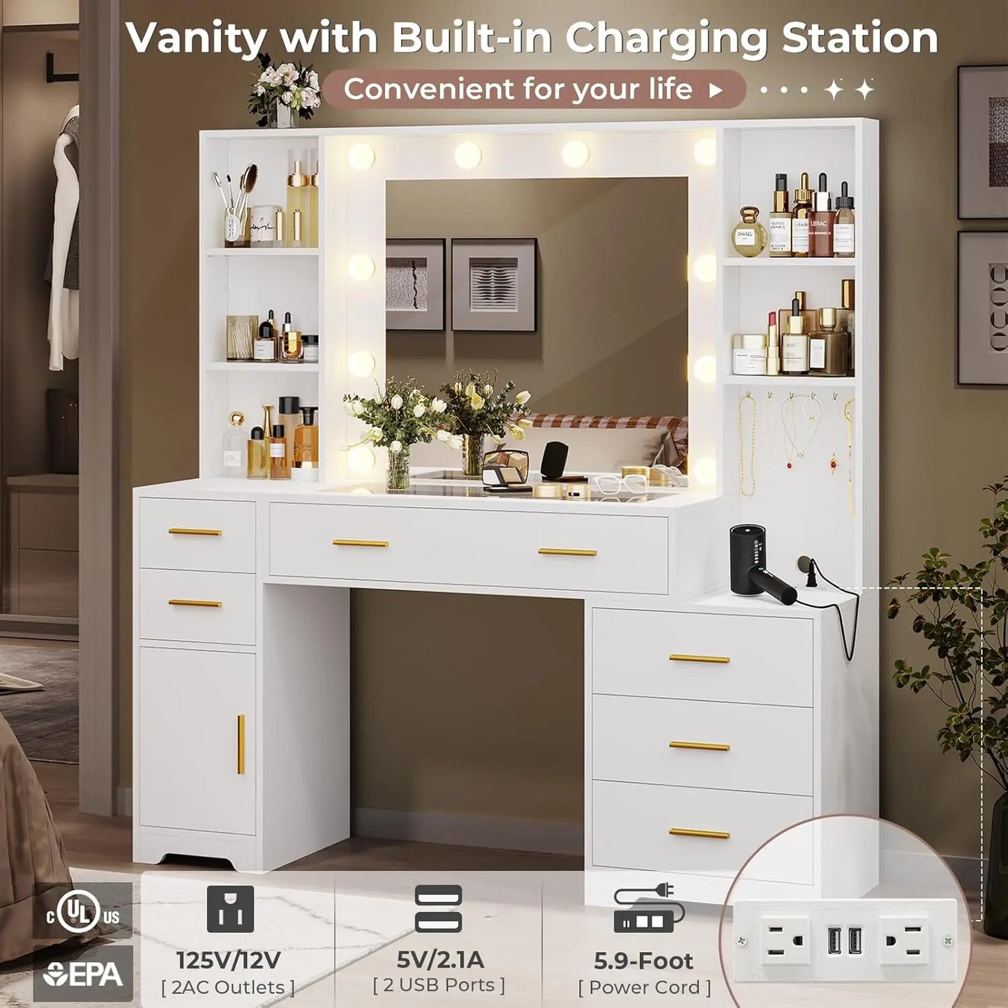 Vanity Desk With Lighted Mirror And Power Outlet 6 Drawers